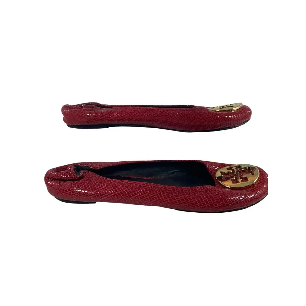 Tory Burch Red Snakeskin Reva Ballet Flats Gold Logo Medallion Elastic Size 10M